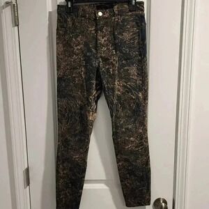 J Brand Alana Gold Wave Print Skinny Jeans Size 28 Olive Green